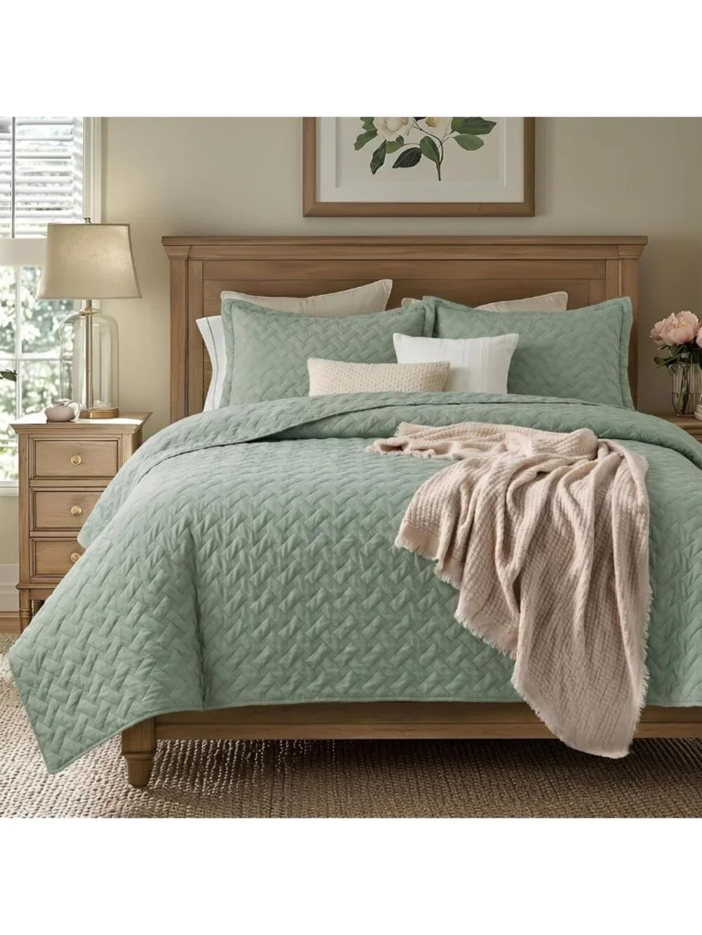 Lightweight Twin Size Quilt Set - Soft Sage Green Bedspread with Basket Weave